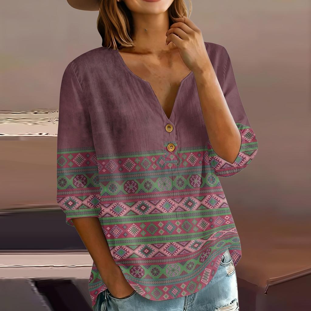 Women’s Floral Print Cotton Linen Shirt with Henley Button Neckline and Three Quarter Sleeves Casual Loose Fit Blouse Top