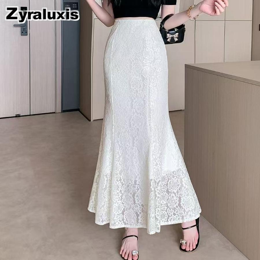 Lace Hollow Mesh Fish Tail Skirt Women Spring Summer High Waist Elastic Waist Fitted A-Line Maxi Skirt M