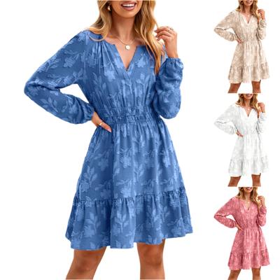 Women's Fashionable Color V,neck Long Sleeved High Waisted Slim Fit A,line Ruffle Edge Dress