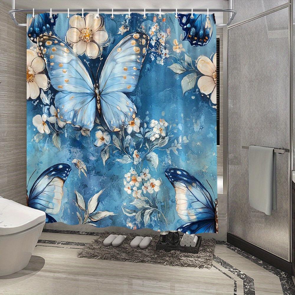 

1Pc Shower Curtain - Vibrant Blue Butterfly & Pastel Floral Design With Soft Pink Accents, Whimsical Nature-Inspired Bathroom W60H190(CM)-1 Pcs