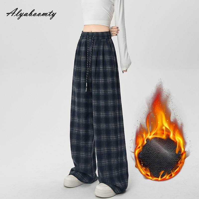 Korean Fashion Autumn Winter Women Fleece Pants High Waist Black Brown Red Navy Blue Plaid Woolen Trousers Vintage Wool Thick Warm Straight Pants