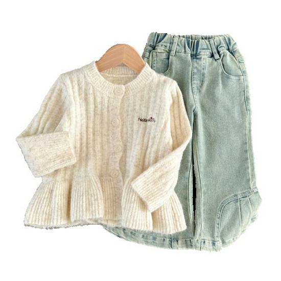 Korean Girls' Cute Cartoon Cardigan & Flared Jeans Set for Autumn