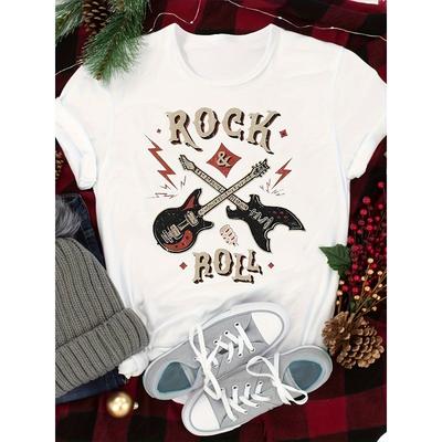 T-shirt Grafica Rock & Roll da Donna Taglia Europea - Stampa Vintage Chitarra e Fulmine, Top Morbido Elasticizzato Girocollo Manica Corta