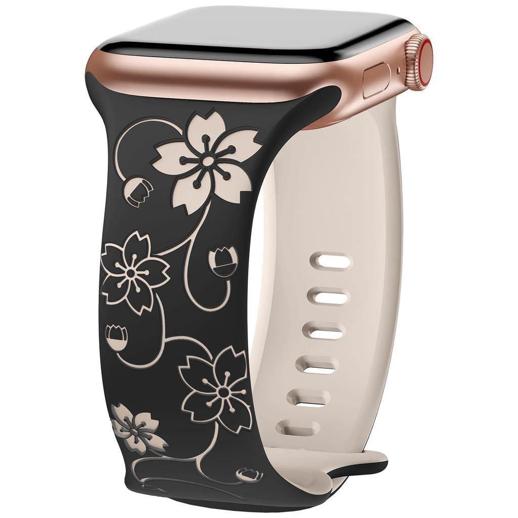 Compatible with Apple Watch: Laser Engraved Two-Color Floral Butterfly Silicone Strap with 3D Design