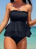 Women's Solid Color Ruched Strapless Bikini Cover-Up Two-Piece Set