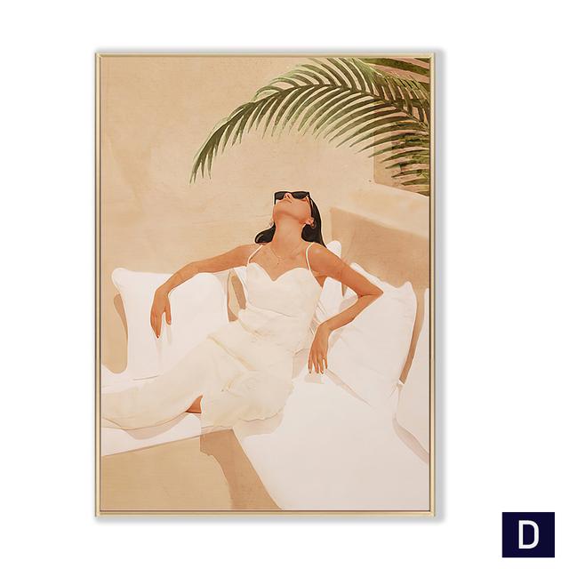 Boho Fashion Summer Woman Wall Art Beach Black Cat Canvas Painting Nordic Posters and Prints Pictures for Living Room Decor