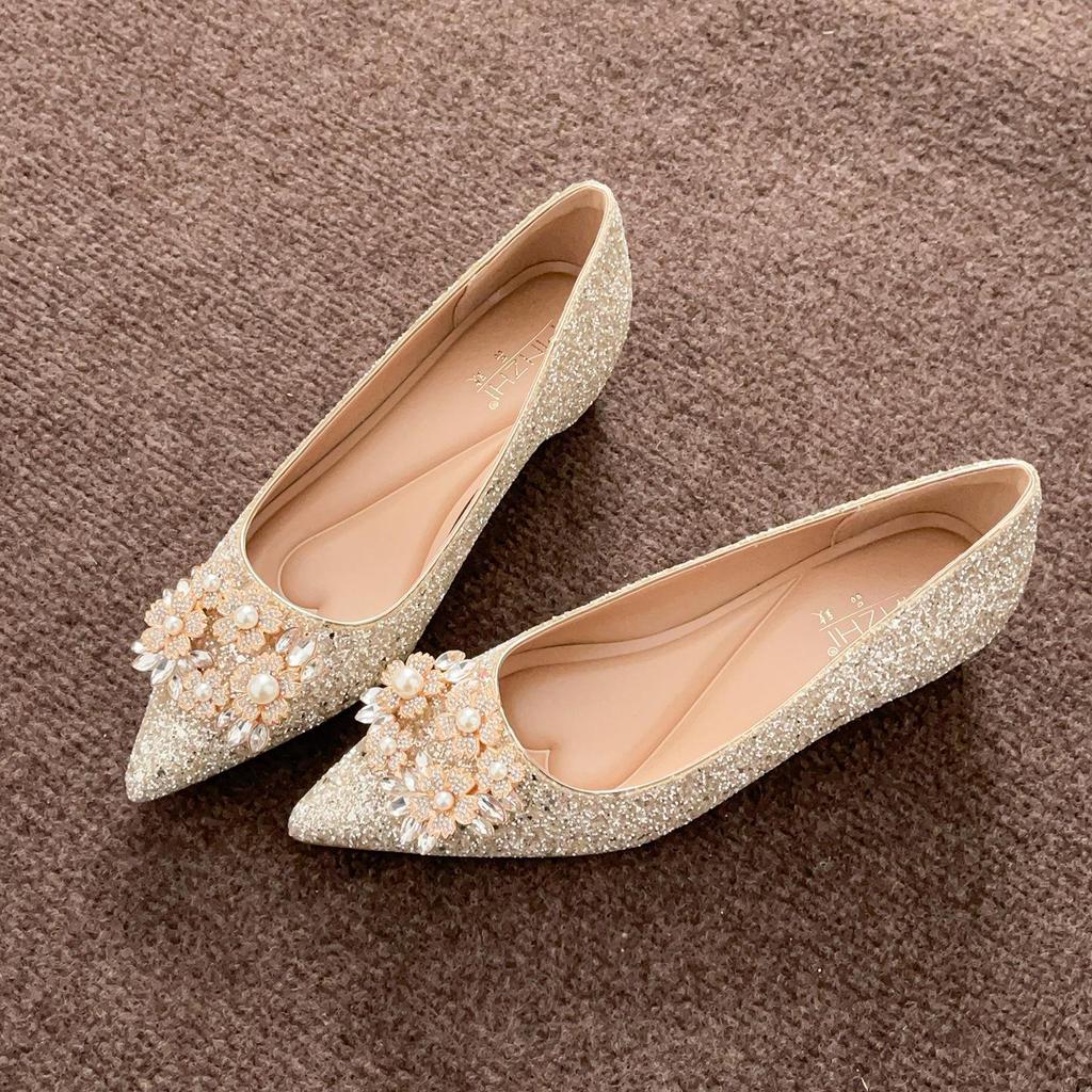 Rhinestone Buckle Wedge Heel Wedding Shoes - Women's Pointed Toe Flats with Inner Height Increase.