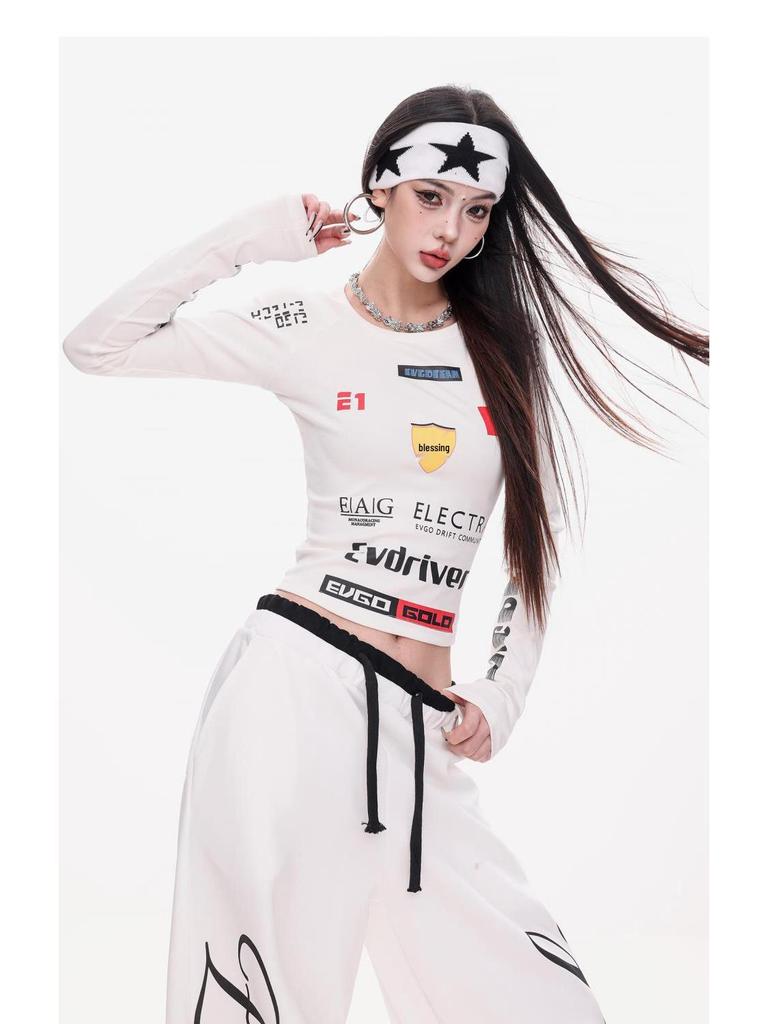 American Spicy Girl Printed Long Sleeve Slim Fit Motorcycle-Style T-Shirt