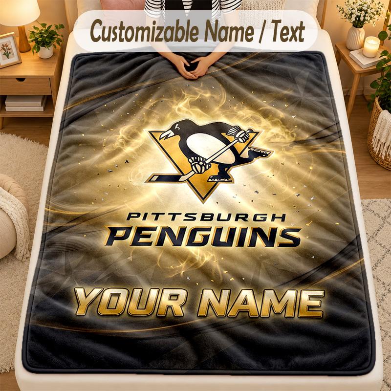 Flannel BlanketPittsburgh Penguins Custom Name Text Personalized Soft Warm Throw Blanket Home Decor Gift