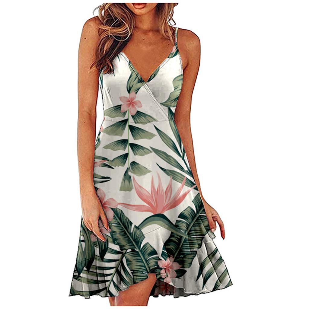 Ladies Slim Printed  Buckle Shoulder Strap Ruffled Sling Dress