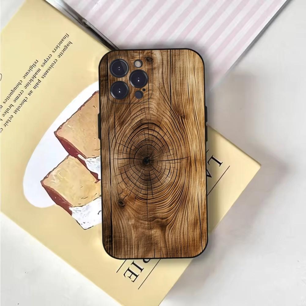 Natural Wood Phone Case For iPhone 16,15,14,13,12,11,Pro,X,XS,Max,XR,Plus,Mini Soft Black Cover