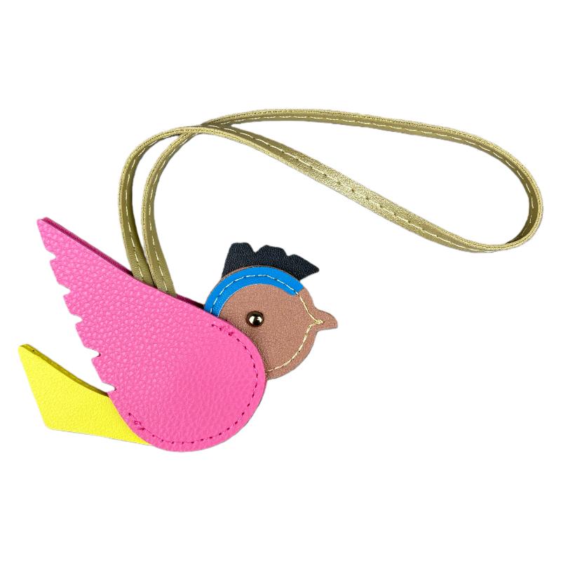 Cute Palm-Sized 3D Leather Bird Bag Charm - Colorful Stitched Leather Patchwork Pendant for Handbags with Vivid Bird Shape