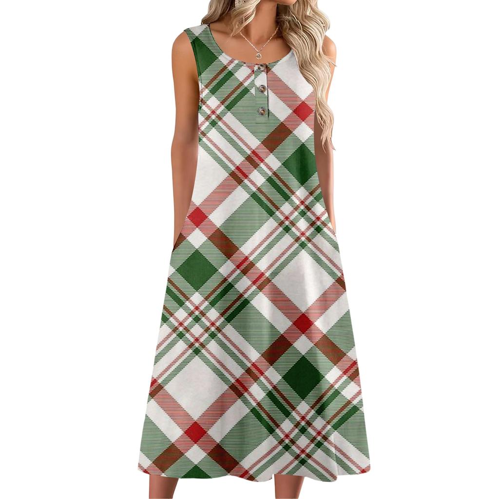 Women's Fashion Casual Sleeveless Button Plaid Print Dress with Pocket