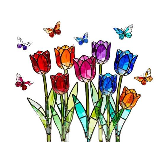 Stained Glass Window Film Decorative Tulip Bouquet Butterfly Window Cling Reusable Static