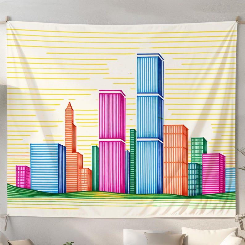 Colorful city skyline tapestry 75x100