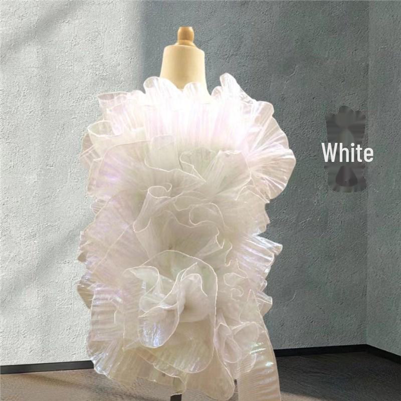 Deep Sea Blue Gradient Lace Pleated Skirt Fabric with Lotus Leaf Design for DIY Clothing