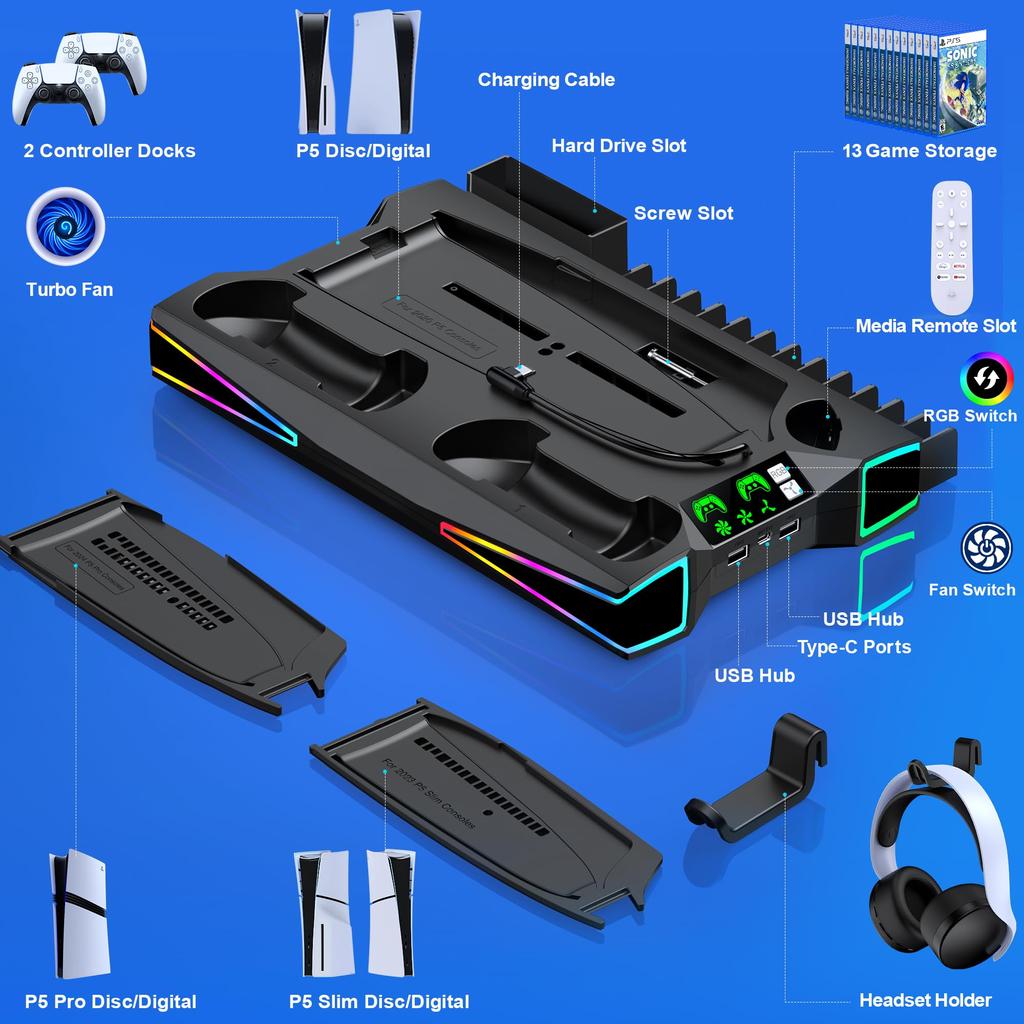 PS5 Slim Stand with RGB Vertical Stand for PS5 Slim Charging Stand for Slim Charging Two Controllers Compatible with PS5 Discs and Digital Cooling
