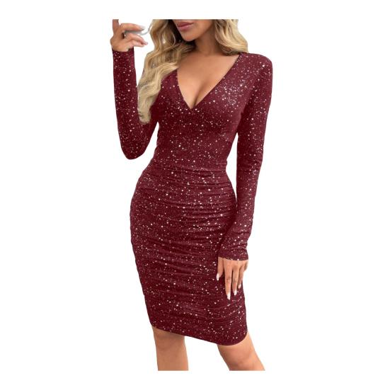 Women's Sparkly Sequin Bodycon Midi Dress Sexy Long Sleeve Deep V Neck Dress Ruched