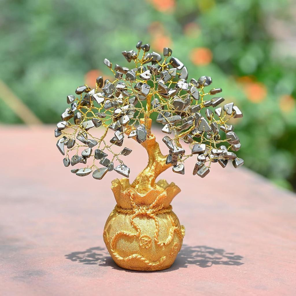 Piramida Kryształowa Drzewo Życia Bonsai – Złota Ozdoba Feng Shui na Bogactwo i Harmonię – Dekoracja Stołu do Domu i Biura (7 x 3 cale)