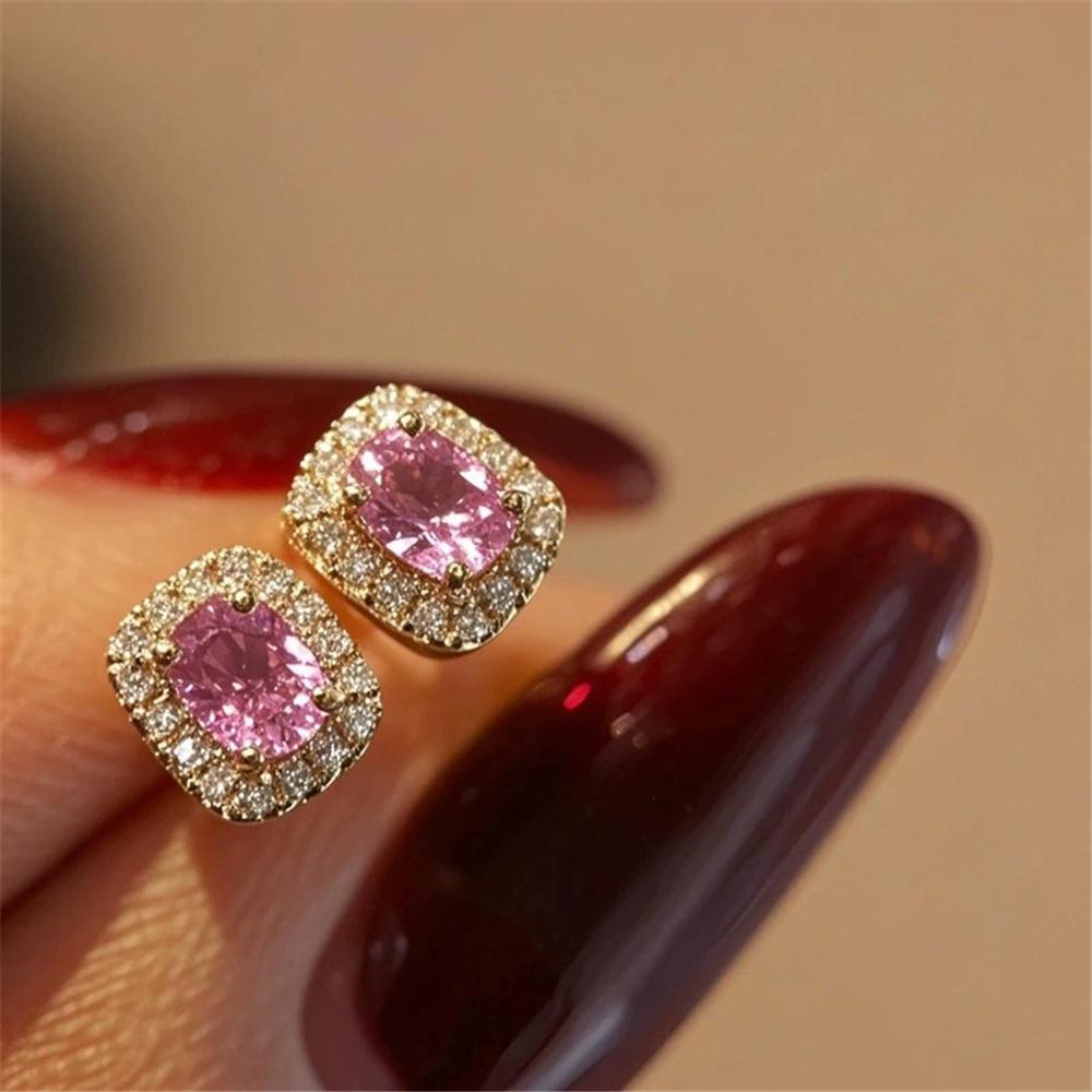 Cute Female Small White Pink Zircon Stone Stud Earrings Vintage Gold Color Wedding Party Gift  For Women