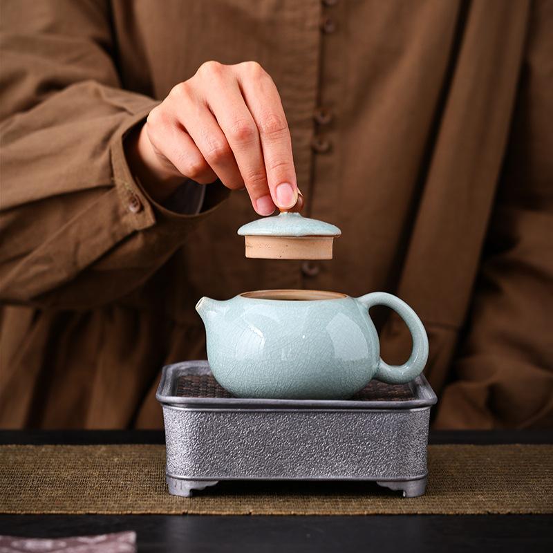Ru Kiln Ice Flower Opening, One Pot and Two Cups of Portable Ceramic Travel Tea Set, Teapot Outdoor Kung Fu Tea Set