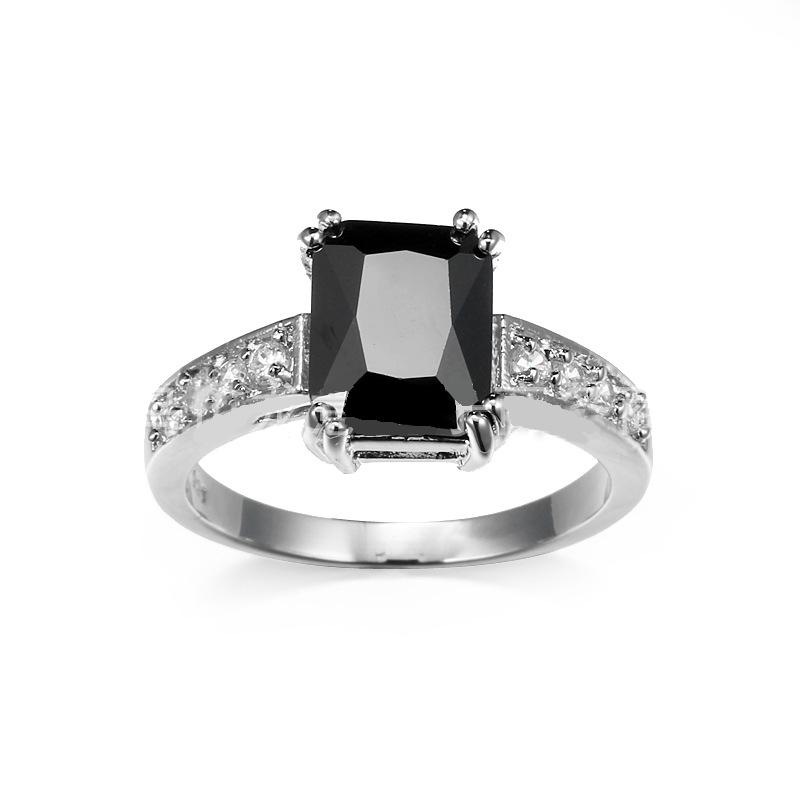 Genuine Sterling Silver Color Ring With Black Cubic Zirconia For Women With Stamp Wedding Diamante Size 6-7-8-9-10