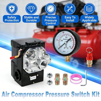 Air Compressor Pressure Switch 135 To 175 PSI 4 Ports 20 Amp with 0 To 200 PSI Gauge and Brass Safety Valve 1/4" NPT Replacement