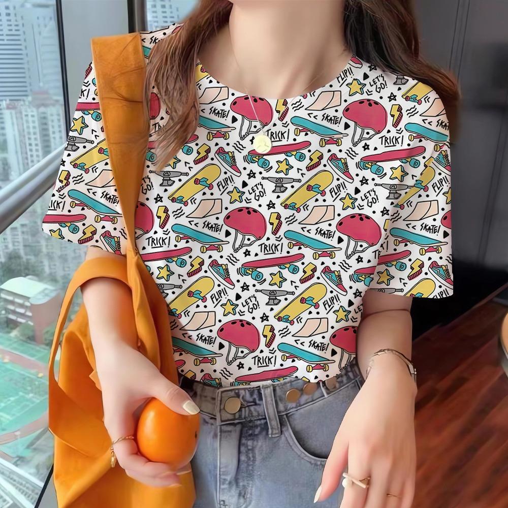 Summer Vintage Women's T-Shirt Short Sleeve Line Print Caual Crew-Neck Pullover Fashion Streetshirt Female Oversized Clothing