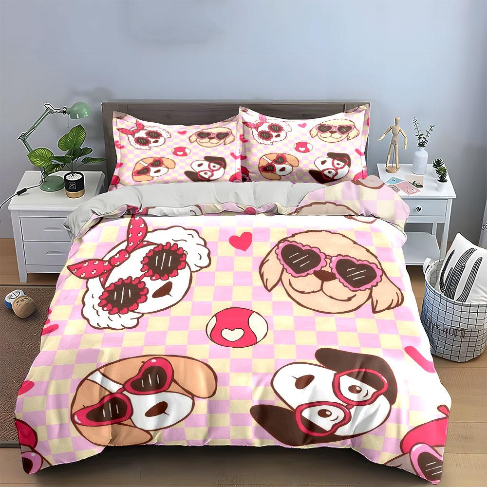 Cartoon Dog Print Three-Piece Set Soft Comfortable Duvet Cover Bedding Set Included 1*Duvet Cover & 2*Pillowcases, Gift