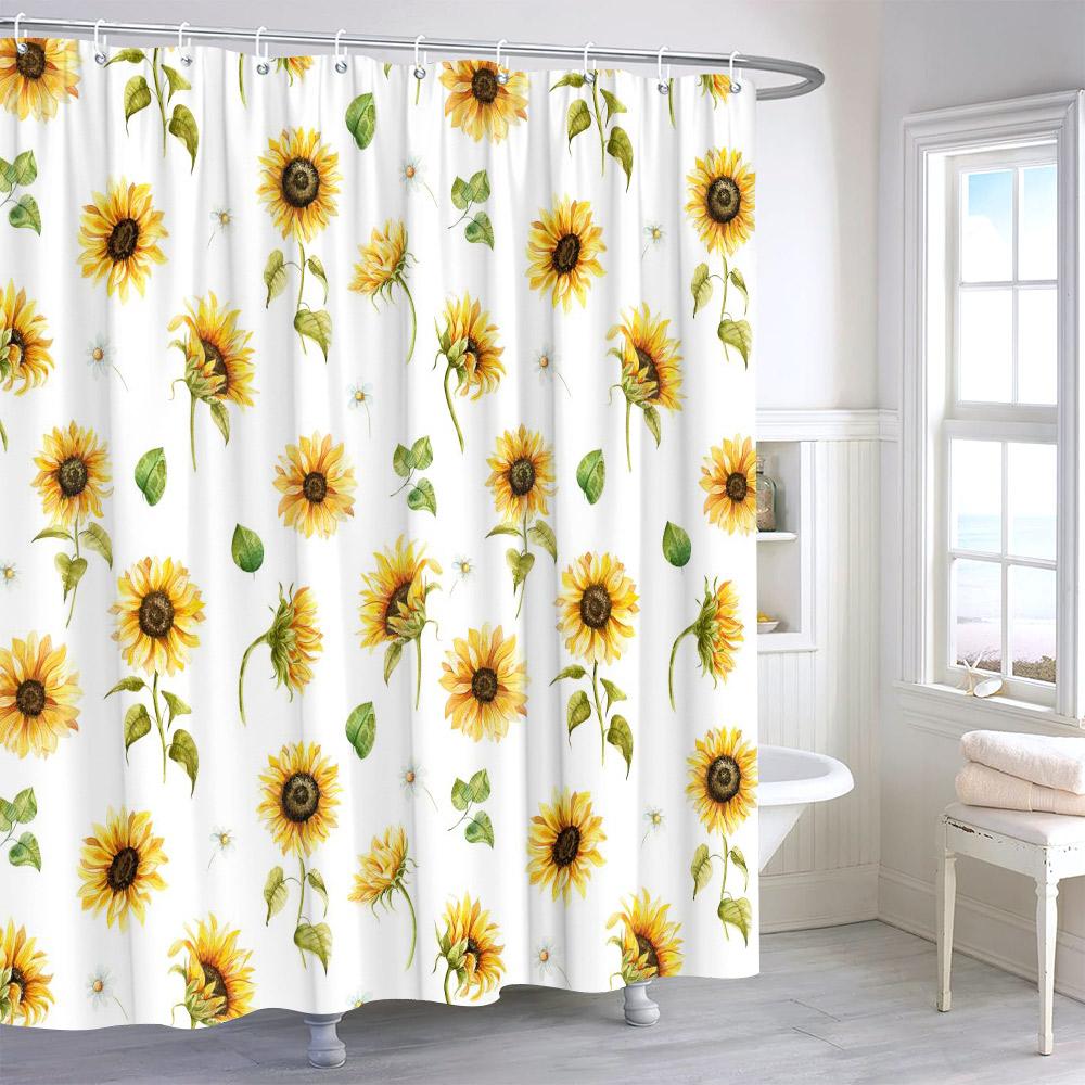 Watercolour Sunflower Shower Curtain Eucalyptus Leaf Butterfly Flower Cloth Bath Curtains Autumn Rustic Botanical Bathroom Decor