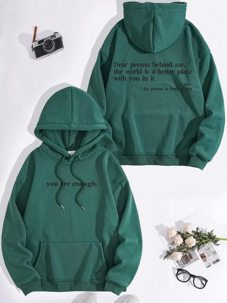 European Size Kangaroo Pocket 'You Are Enough' Hoodie - Autumn/Winter Long Sleeve Plus Velvet Sweatshirt