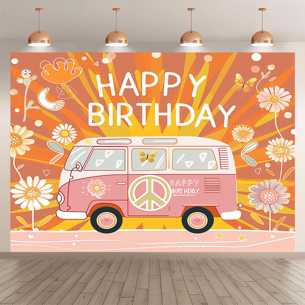 Retro 70's hippie theme Happy Birthday Bohemian Daisy bus background cloth, party decoration background props