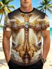[Print Design-Not Textured] Golden Wings And Dove Cross Religious Christian T-Shirt Men'S Faith Design Print Short Sleeve Suitable for Church Worship