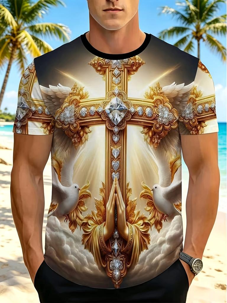 [Print Design-Not Textured] Golden Wings And Dove Cross Religious Christian T-Shirt Men'S Faith Design Print Short Sleeve Suitable for Church Worship