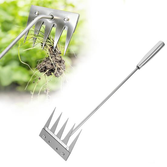Stainless Steel Weed Remover Tool 5 Teeth Manual Weed Tool Ergonomic Handle Weed Removal Tool for Gardening Backyard Yard Farm Planting Weeding and