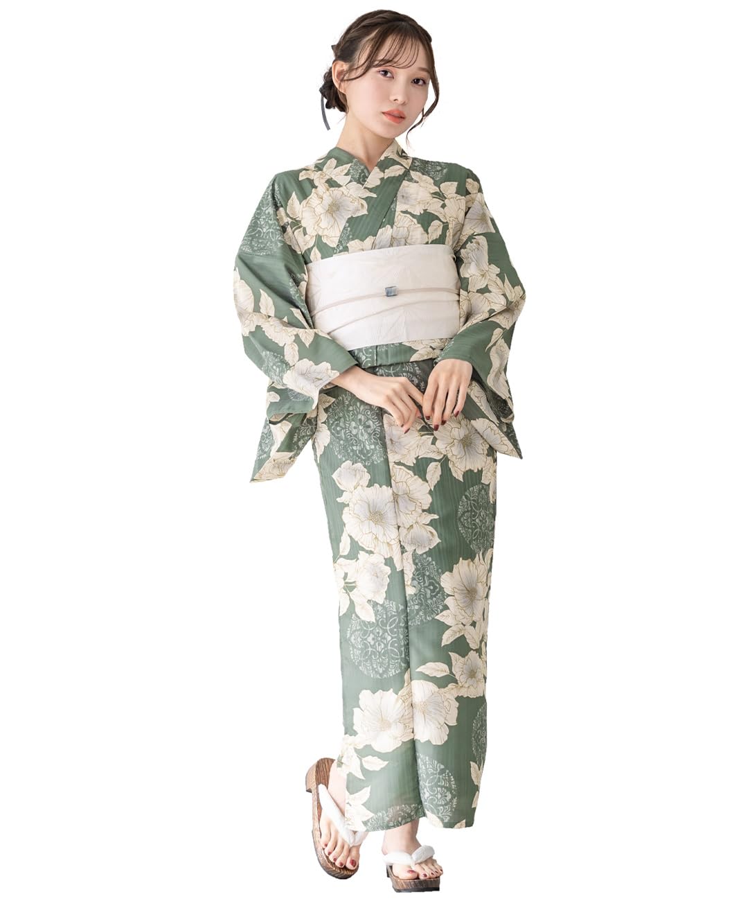 

[SOUBIEN] Soubien Yukata 2-Piece Set floro Women s (YukataHalf-width Obi) Size S Light Green and Japanese Flower Pattern x White (ykt10142-obh01413)