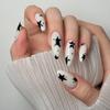 24PCS Simple White Almond False Nails Sweet Cool Black Stars with Diamonds Press On Nails Spice Girls Wearable Ins Nail Manicure