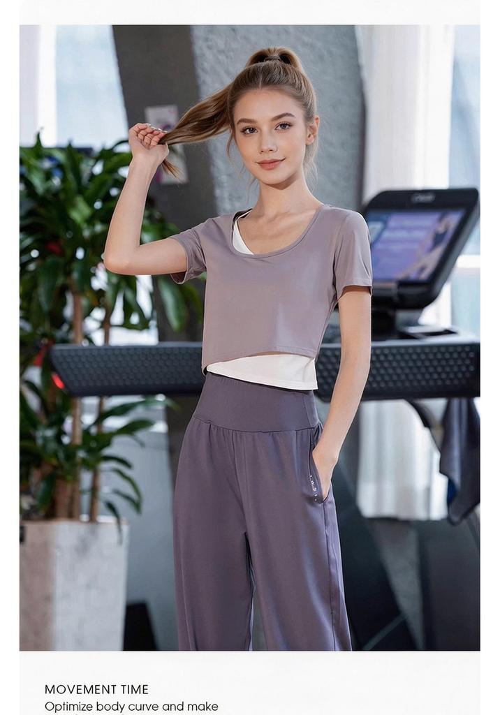 Women's Slim Fit Short Sleeve Yoga Top - Casual Two-Piece Look for Summer Sports
