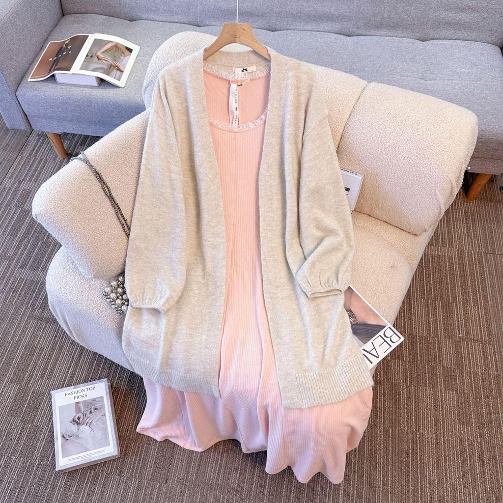 Plus Size Knit Cardigan & Dress Set for Women (130-300 Jin) - Elegant, Waist-Cinched, Slimming Two-Piece Outfit.