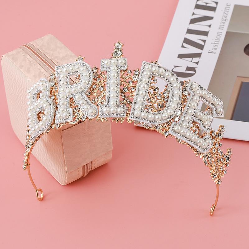 Pearl Lace Bridal Crown & Headband Set with Wavy Edge Sash and Shoulder Straps