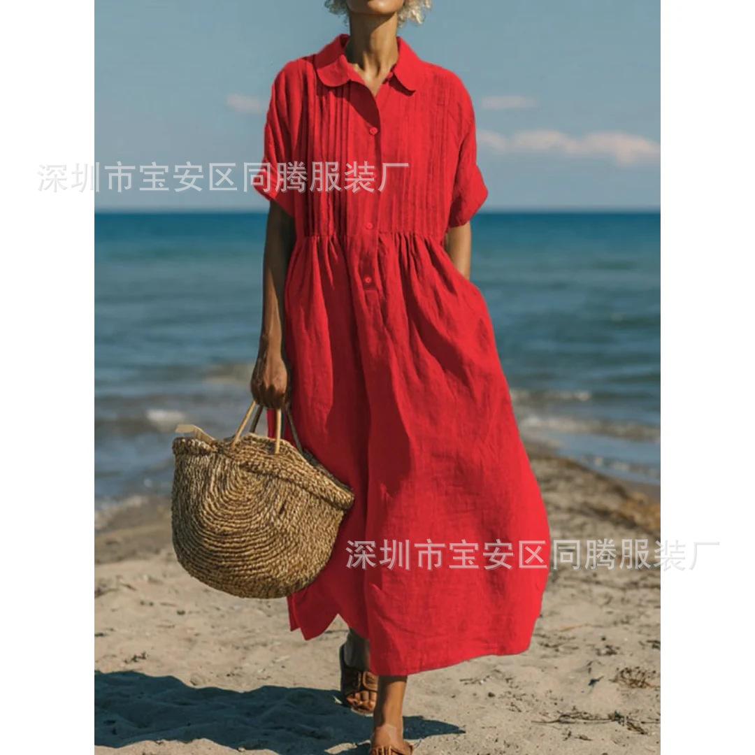European And American New Independent Station Button Cardigan Shirt Collar European And American Elegant Long Dress Solid Color Dress S красный