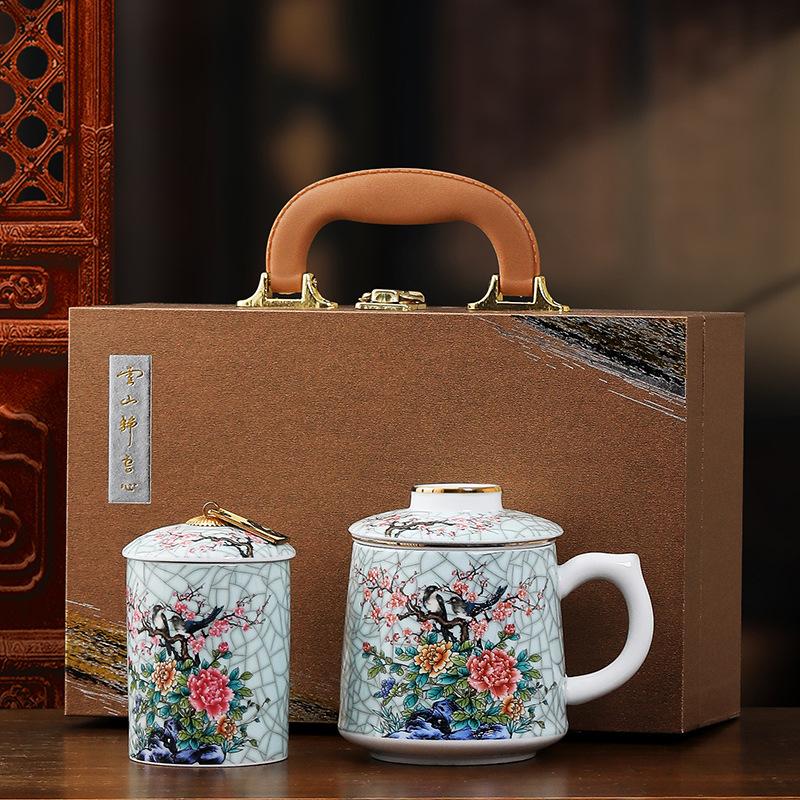 Guochao enamel ceramic office cup with lid filter tea separation mug household water cup business souvenir