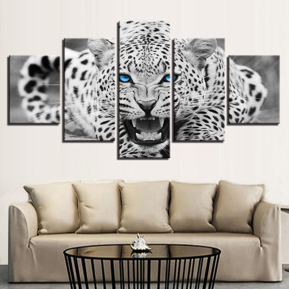 5 Pieces Canvas Wall Art Blue Eyes Leopard Tiger Painting Living Room Modern Decoration Animal Picture Print Home Decor Artwork