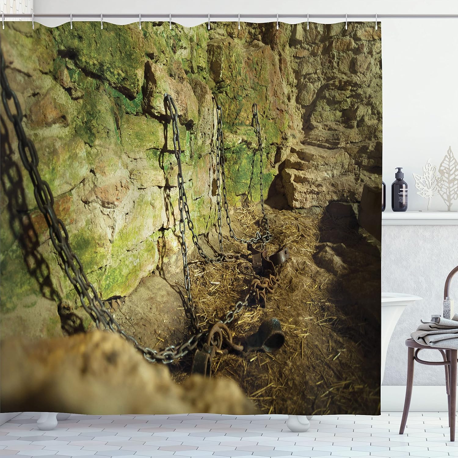 

Prison Dungeon Shower Curtain Stone Wall Chains Shackles Medieval Theme Horror Decor Waterproof Fabric Gothic Dark Room 150X200 W60H190(CM)-1 Pcs