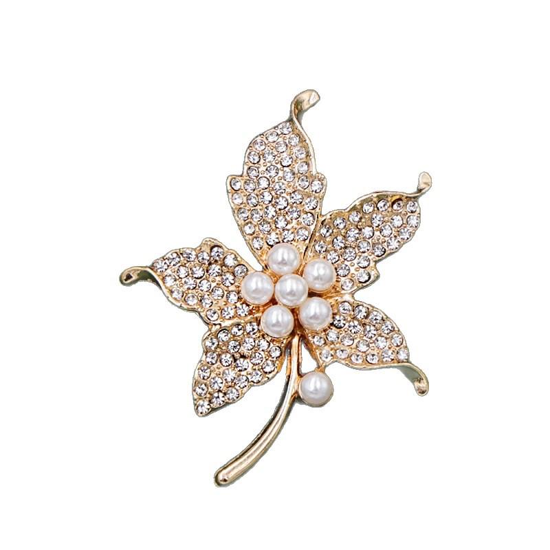 Elegant Pearl Rhinestone Maple Leaf Brooch - High-End Women's Clothing Pin and Corsage
