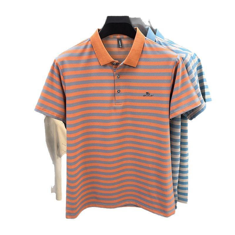 Ice Silk Men'S Short-Sleeved T-Shirt Lapel Striped Casual Father Polo Shirt