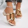 Leisure Gold Metal Decoration Slip On Sandals Square Toe Medium Heels Slippers Women 2025 Summer Beige Beach Shoes