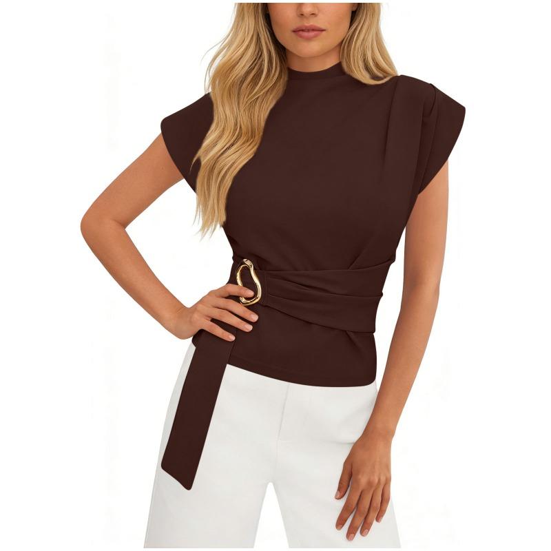 Summer New Style Fashionable Simple Half Turtleneck Short-sleeved T-shirt with Waist Design for Women's Tops