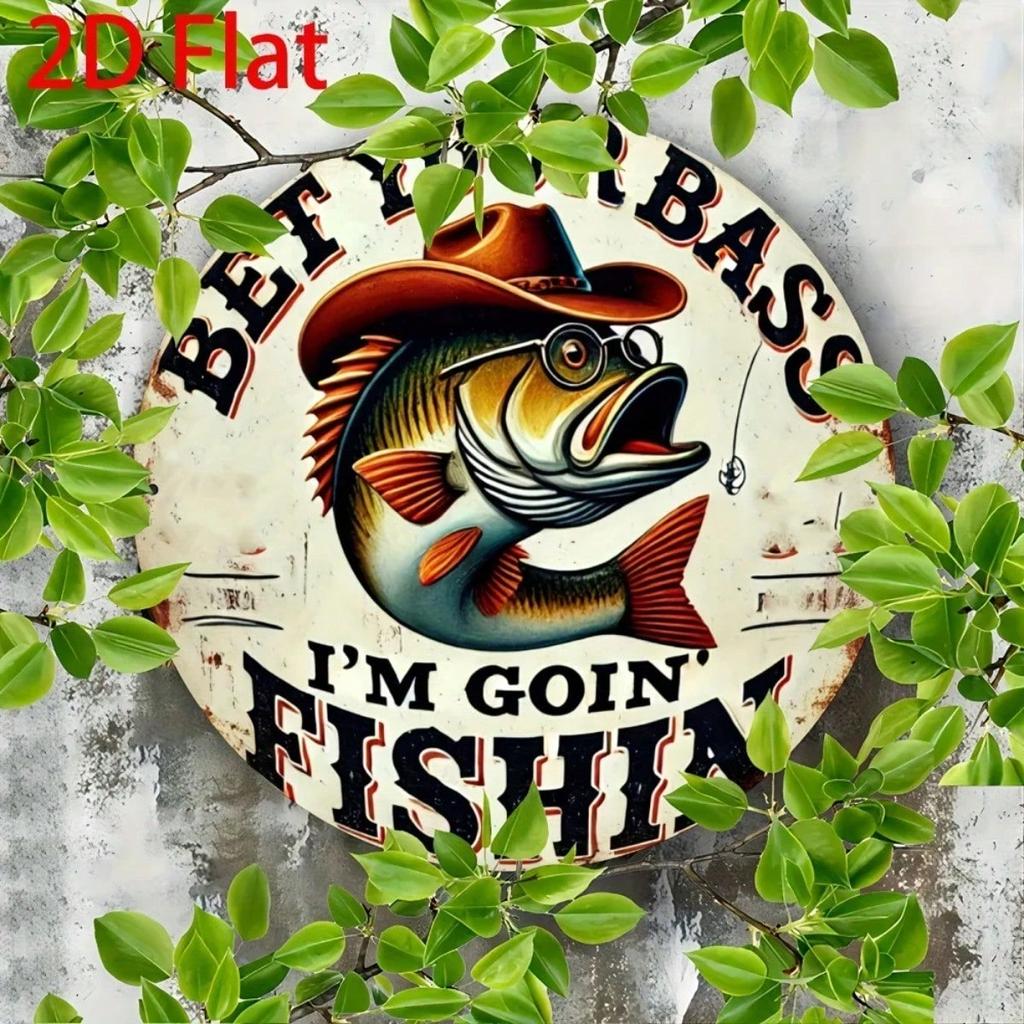 Round Metal Poster Wall Art Retro Fishing Bass for Cafe