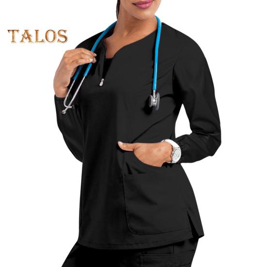 

Топ-униформа медсестры с 4 карманами, застежкой-молнией, полузастежкой, длинными рукавами, боковыми разрезами, свободным кроем, рабочая одежда для медсестры M чёрный